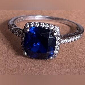 Sterling Silver Sapphire & CZ Cushion-Cut Halo Filigree Ring Engagement Ring